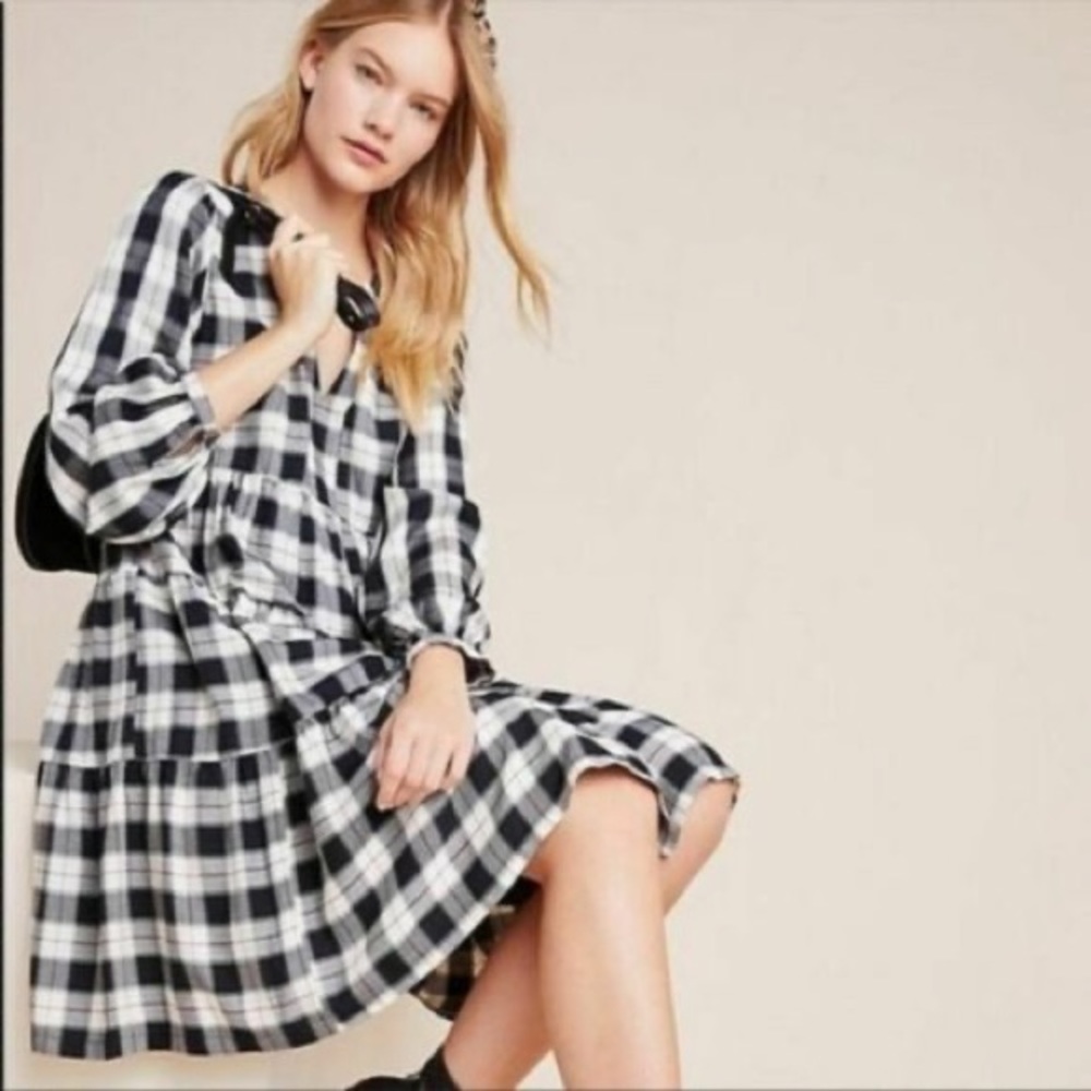Anthropologie Maeve Plaid Gingham Tunic Tiered Dress Size Small